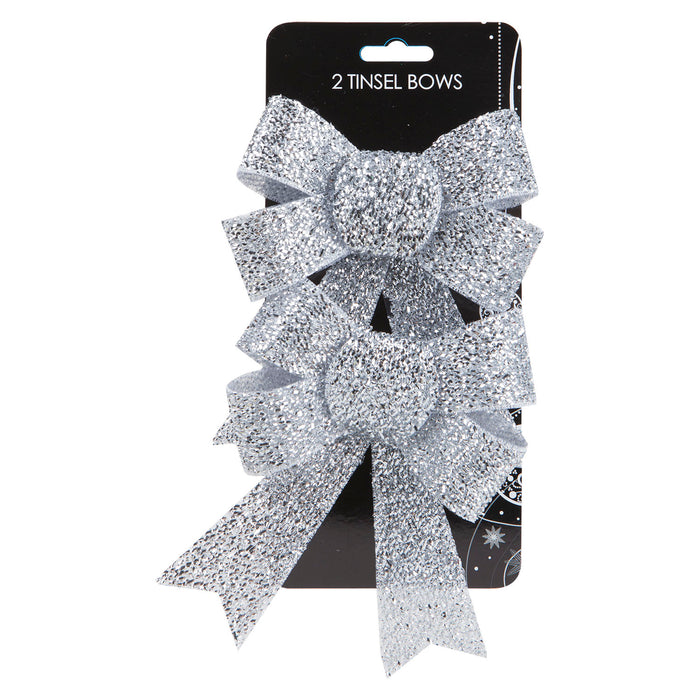 Tinsel Bows Christmas Decoration X 2 13cm x 17cm x 4. 5cm Silver