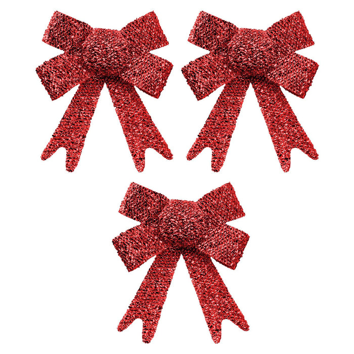 Tinsel Bows x 3 Christmas Decoration X 3 10cm x 13cm x 3cm Red