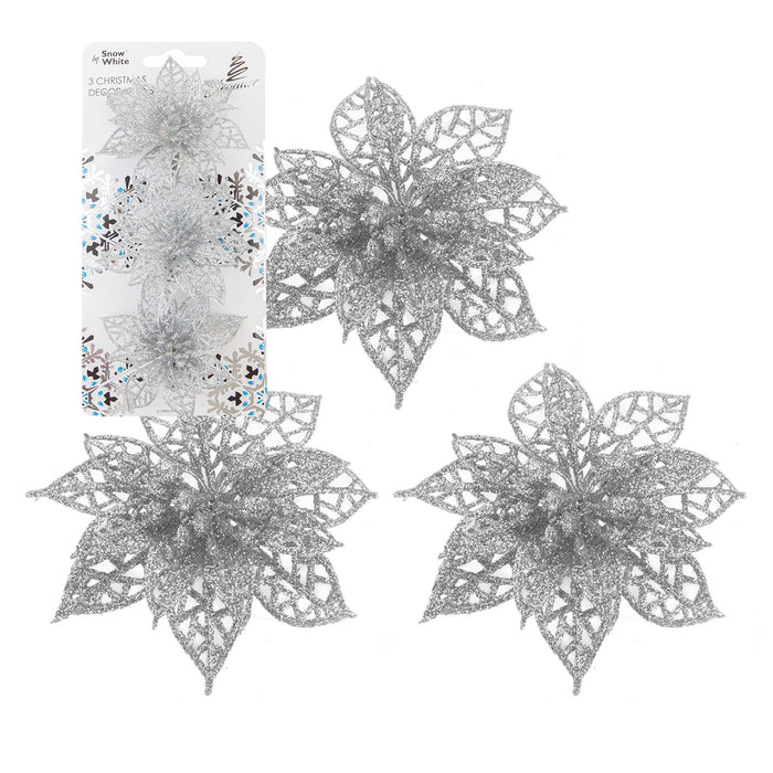 Clip On Poinsettia Christmas Decorations X 3 7. 5cm Silver