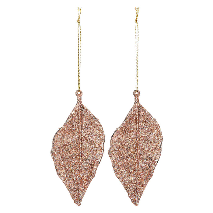 Christmas Tree Decoration 2 Hanging Leaf Glitter X 1 22. 6cm Rose Gold
