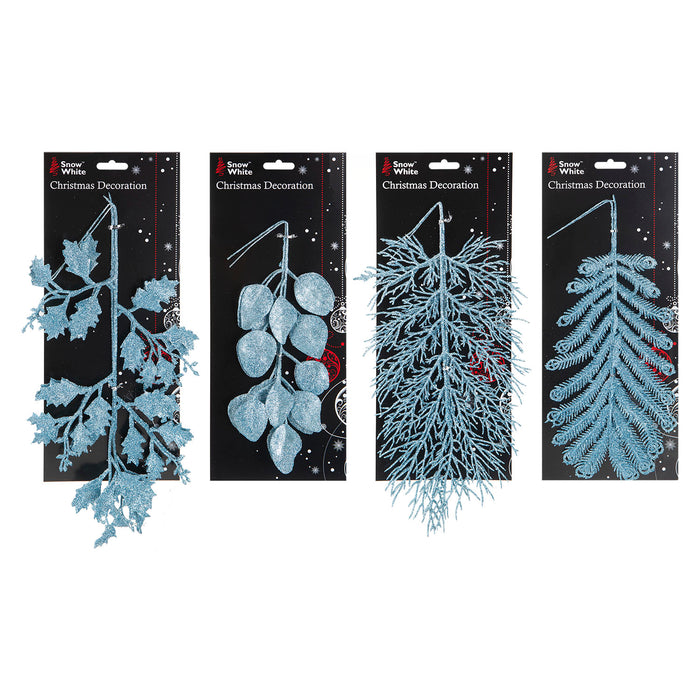2 Glitter Leaf Christmas Decoration Varied Designs 31. 2cm Ice Blue