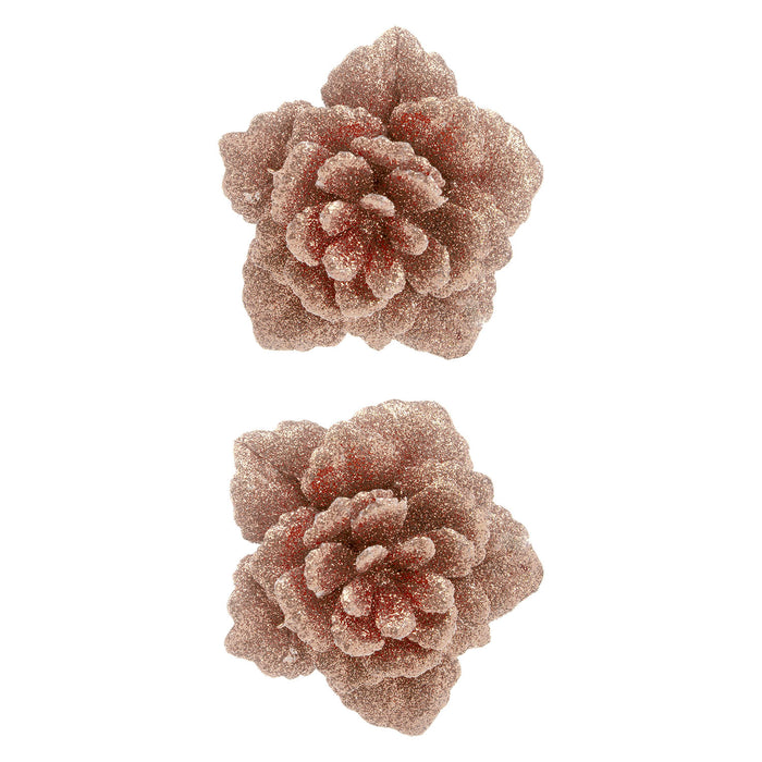 2 Clip-On Glitter Flowers Christmas Decoration X 2 18x10. 1x4. 6cm Rose Gold
