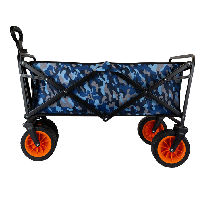 Folding Trolly Cart 90Kg Capacity Collapsible 2 Storage Pouches Blue Camo