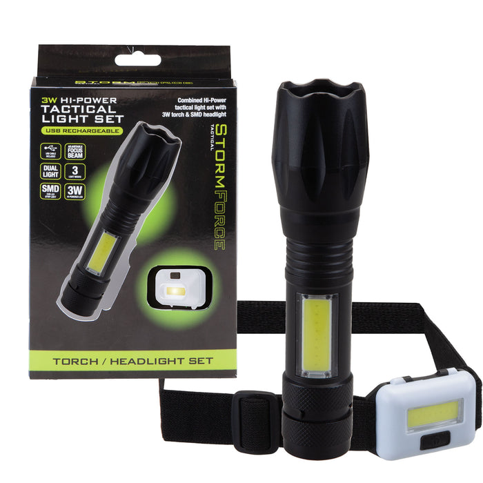 Torch Set 3W Focus Beam Head Light USB rechargeable, 3 Hours Charge Black 3W