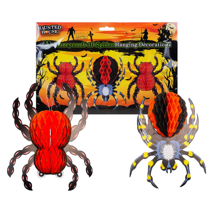 Halloween Spider Hanging Honeycomb Decoration Set of 3 Trick or Treat Party Red