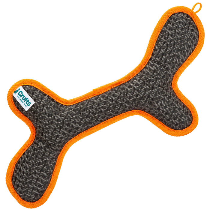 Crufts Bone Shaped Dog Toy, Tough Toy with Squeaker- Orange and Grey