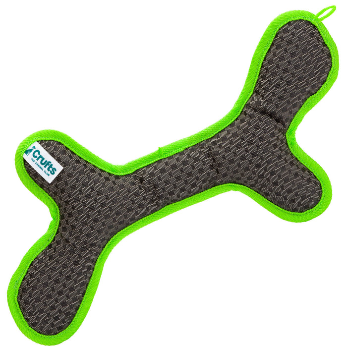 Crufts Bone Shaped Dog Toy, Tough Toy with Squeaker- Green and Grey