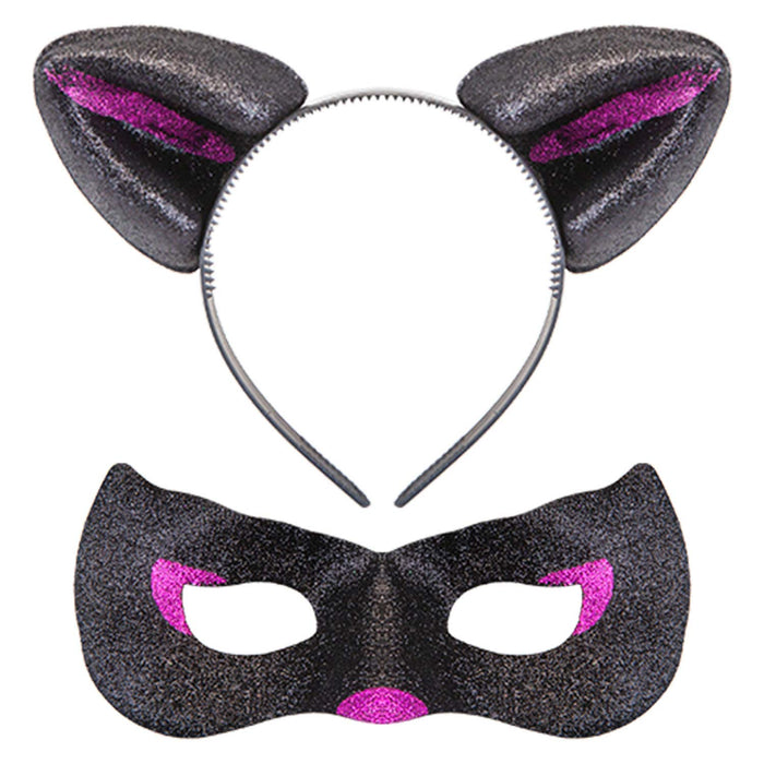 Halloween Cats Ears and Mask Set Halloween Party, Trick or Treat Black Glitter