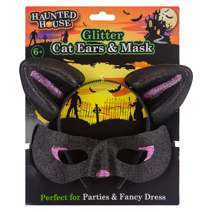 Halloween Cats Ears & Mask Set Halloween Party, Trick or Treat Black Glitter