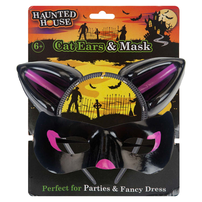 Halloween Cats Ears & Mask Set Halloween Party, Trick or Treat Black Shiny