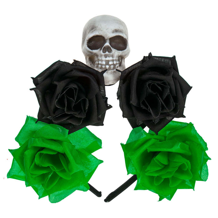 Halloween Glitter Headband 3 Roses Skull Design Trick or Treat Party Green