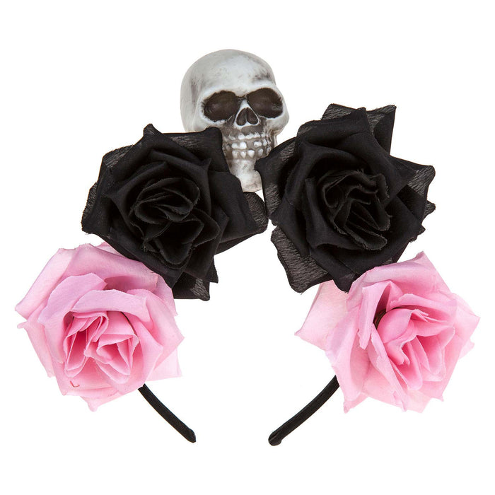 Halloween Glitter Headband 3 Roses Skull Design Trick or Treat Party Pink