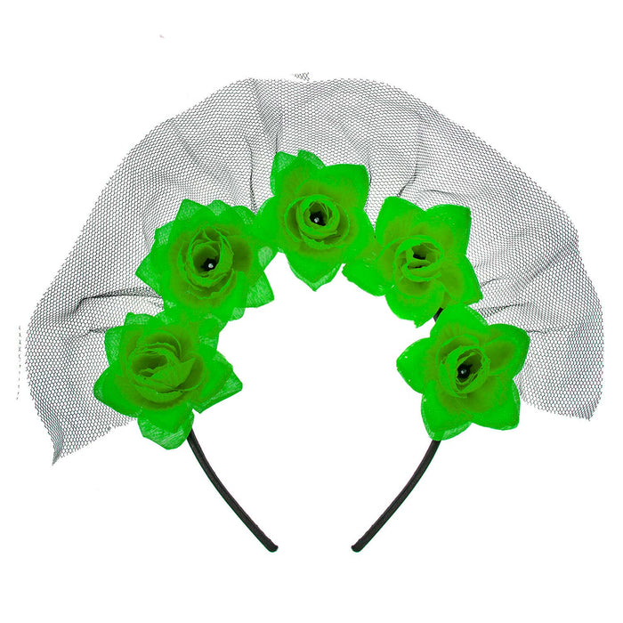 Halloween Veil Headband 5 Roses Design Halloween Party, Trick or Treat Green