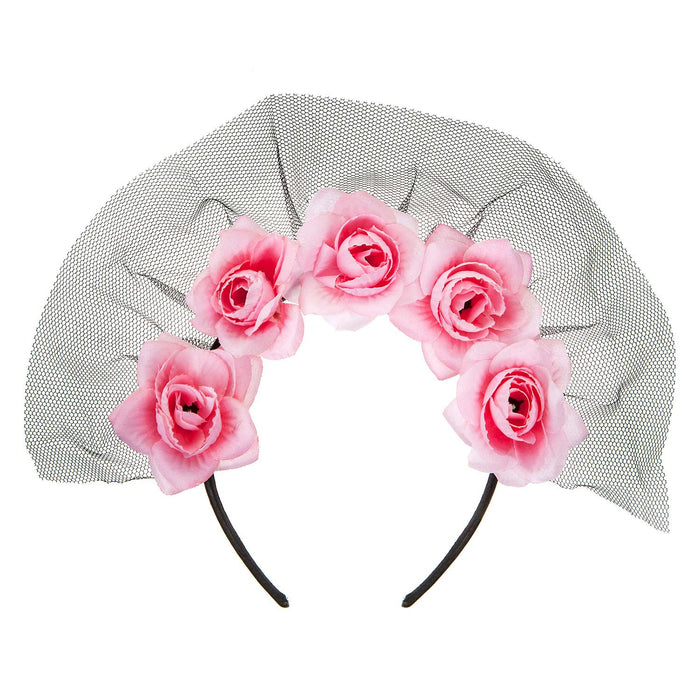 Halloween Veil Headband 5 Roses Design Halloween Party, Trick or Treat Pink