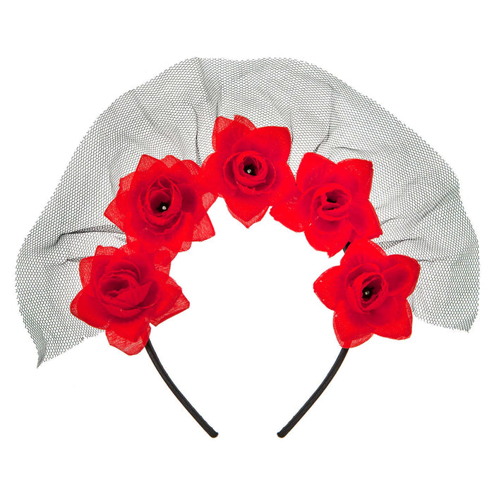 Halloween Veil Headband 5 Roses Design Halloween Party, Trick or Treat Red
