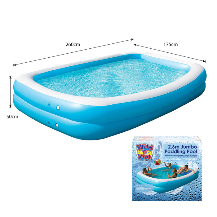 Large Paddling Pool Inflatable - 2.6m Jumbo Family Pool, Blue