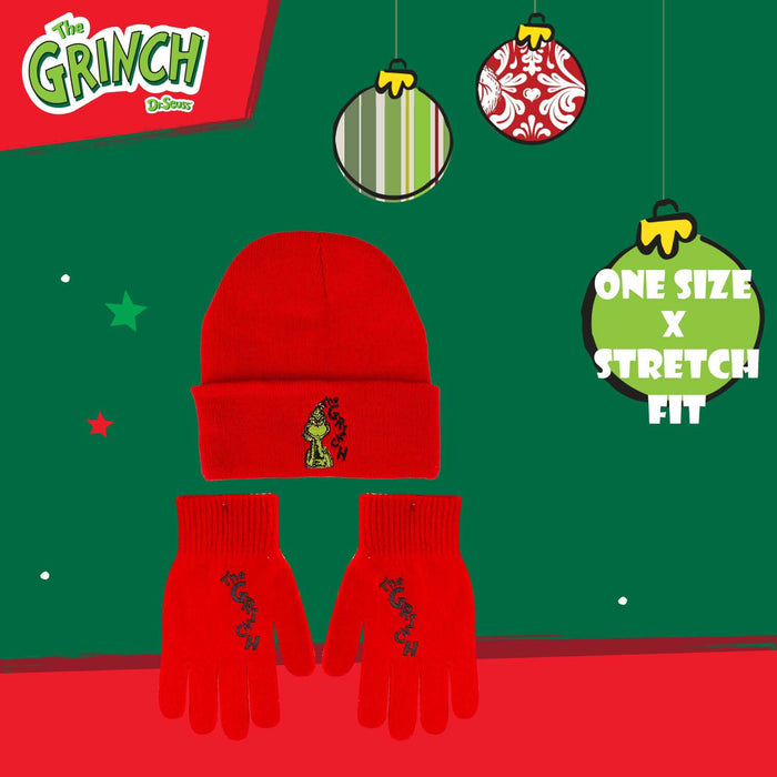 Grinch Christmas Hat and Gloves Gift One Size Stretch Fit Red X 1