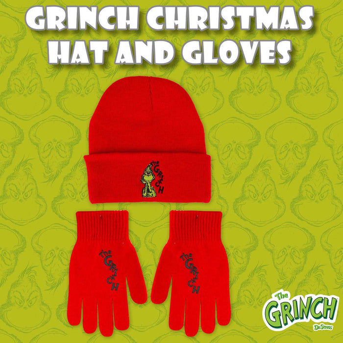 Grinch Christmas Hat and Gloves Gift One Size Stretch Fit Red X 1