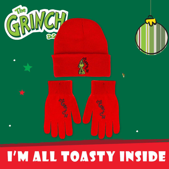 Grinch Christmas Hat and Gloves Gift One Size Stretch Fit Red X 1