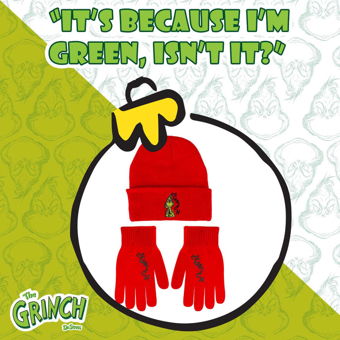 Grinch Christmas Hat and Gloves Gift One Size Stretch Fit Red X 1