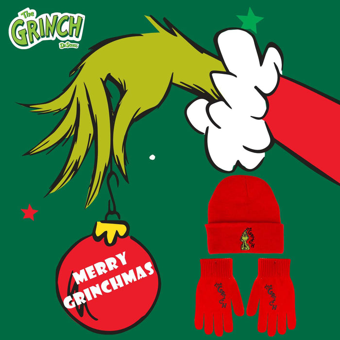 Grinch Christmas Hat and Gloves Gift One Size Stretch Fit Red X 1