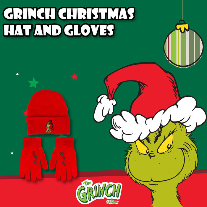 Grinch Christmas Hat and Gloves Gift One Size Stretch Fit Red X 1