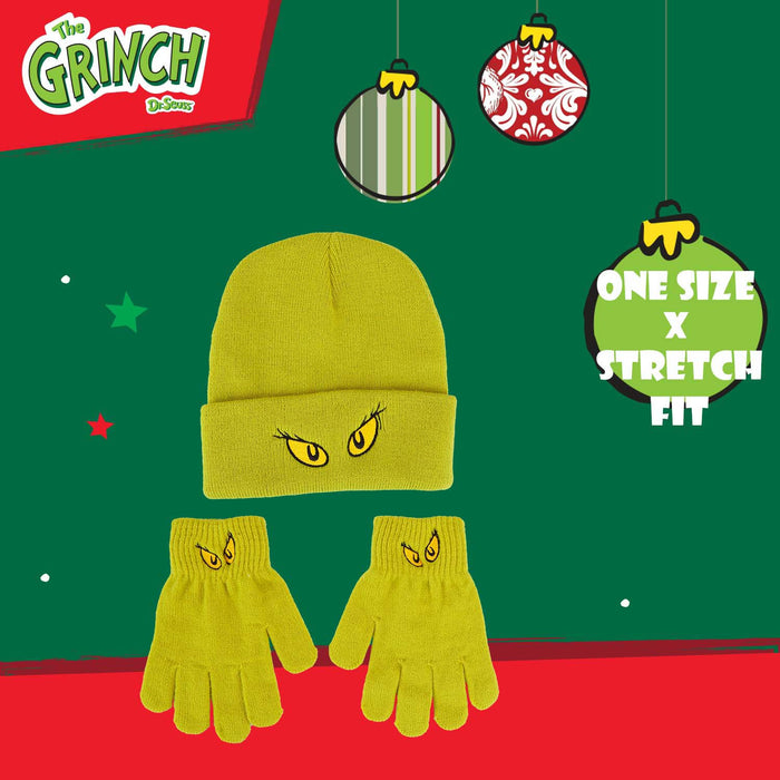 Grinch Christmas Hat and Gloves Gift One Size Stretch Fit Green X 1