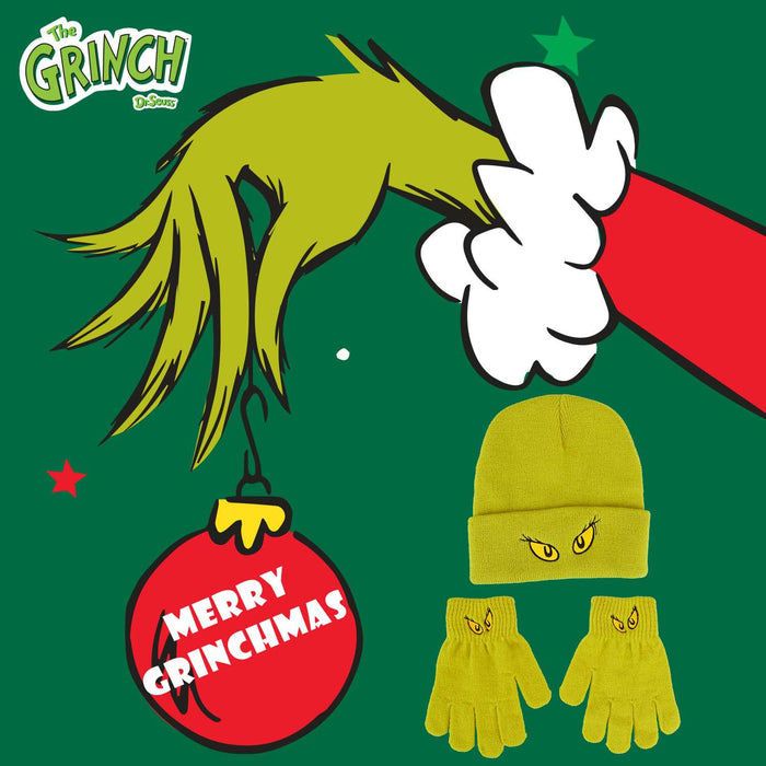 Grinch Christmas Hat and Gloves Gift One Size Stretch Fit Green X 1