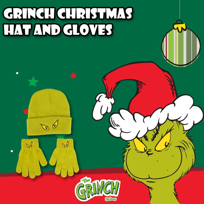 Grinch Christmas Hat and Gloves Gift One Size Stretch Fit Green X 1