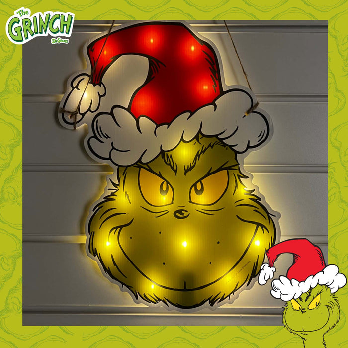 Grinch Christmas Light Up Wall Festive  Decoration 40cm x 30cm Green X 1