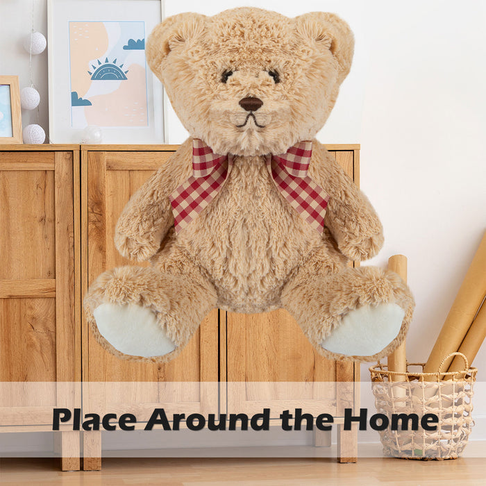 Bear Soft Toy with Checked Bow Plush 20cm x 12cm Brown X 1