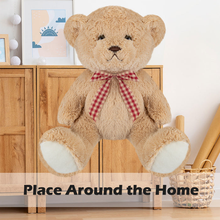 Bear Soft Toy with Checked Bow Plush 30cm x 20cm Brown X 1