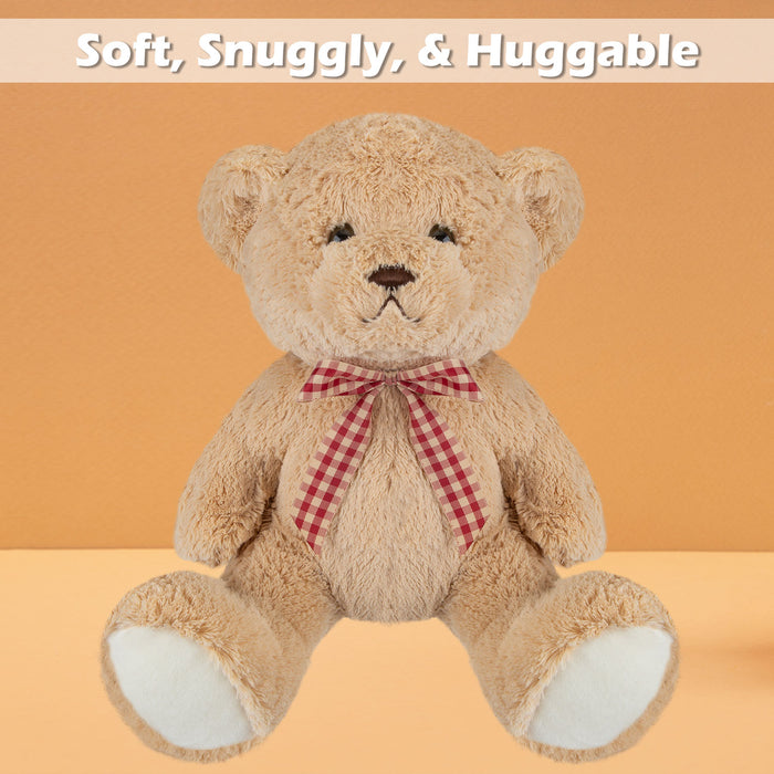 Bear Soft Toy with Checked Bow Plush 30cm x 20cm Brown X 1