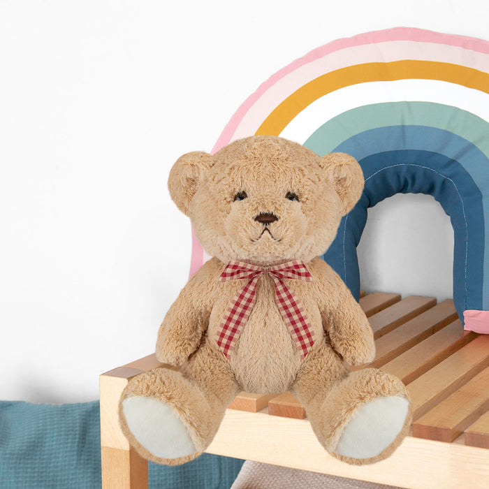 Bear Soft Toy with Checked Bow Plush 30cm x 20cm Brown X 1