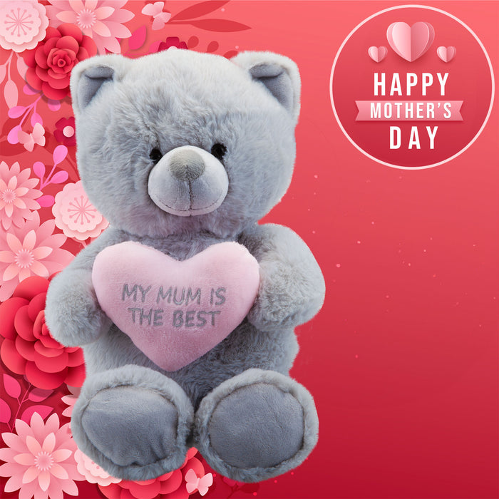 Mother's Day Bear Soft Toy Pink Heart Mum Plush Teddy Bear Gift Grey Bear 28cm