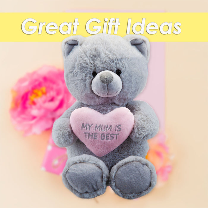 Mother's Day Bear Soft Toy Pink Heart Mum Plush Teddy Bear Gift Grey Bear 28cm