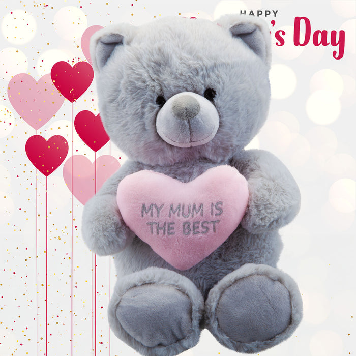 Mother's Day Bear Soft Toy Pink Heart Mum Plush Teddy Bear Gift Grey Bear 28cm