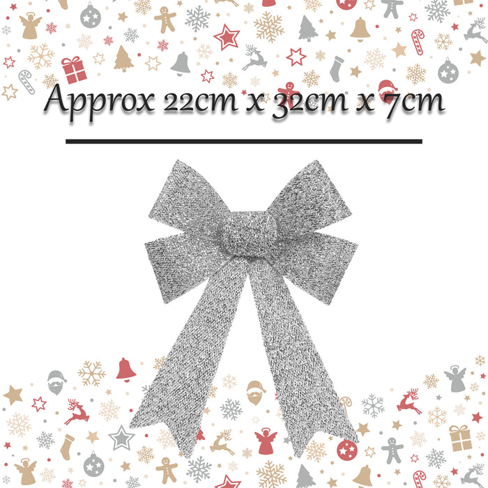 Tinsel Bow Christmas Decoration X 1 22cm x 32cm x 7cm Silver