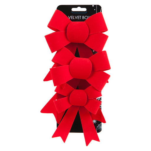 Velvet Bows x 3 Christmas Decoration X 3 10cm x 13cm x 3cm Red