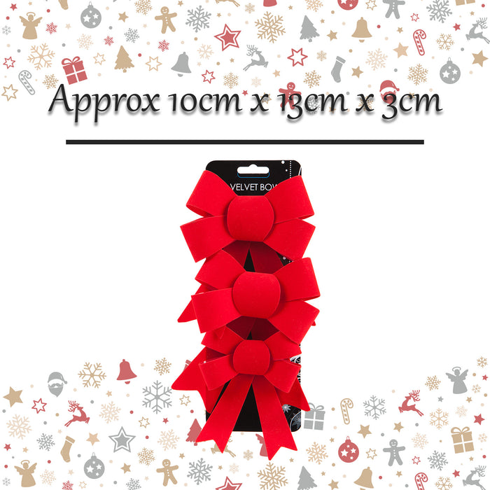 Velvet Bows x 3 Christmas Decoration X 3 10cm x 13cm x 3cm Red
