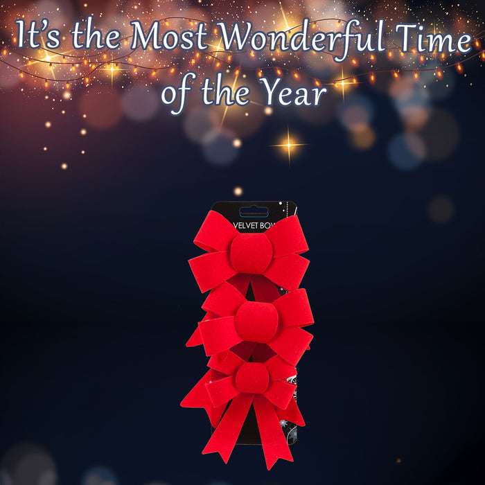 Velvet Bows x 3 Christmas Decoration X 3 10cm x 13cm x 3cm Red