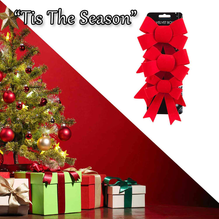 Velvet Bows x 3 Christmas Decoration X 3 10cm x 13cm x 3cm Red