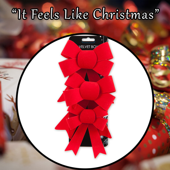 Velvet Bows x 3 Christmas Decoration X 3 10cm x 13cm x 3cm Red