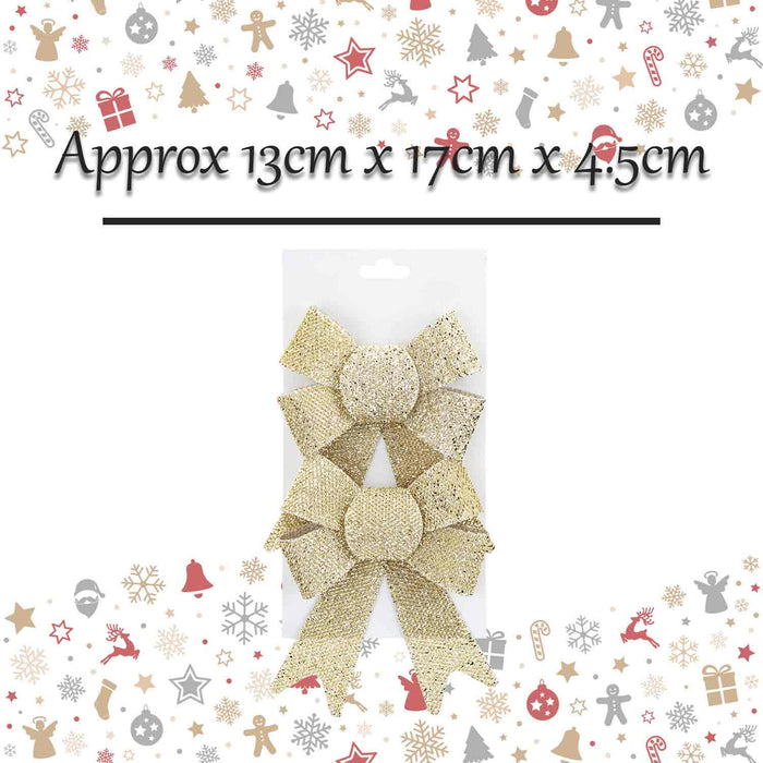 Tinsel Bows Christmas Decoration X 2 13cm x 17cm x 4. 5cm Champagne