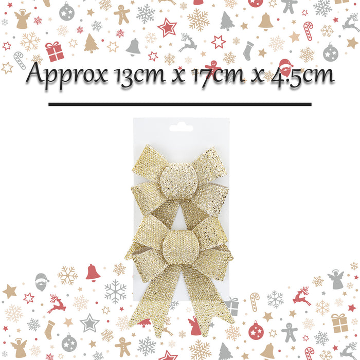 Tinsel Bows Christmas Decoration X 2 13cm x 17cm x 4.5cm Champagne