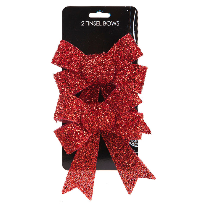 Tinsel Bows x 2 Christmas Decoration X 2 13cm x 17cm x 4.5cm Red