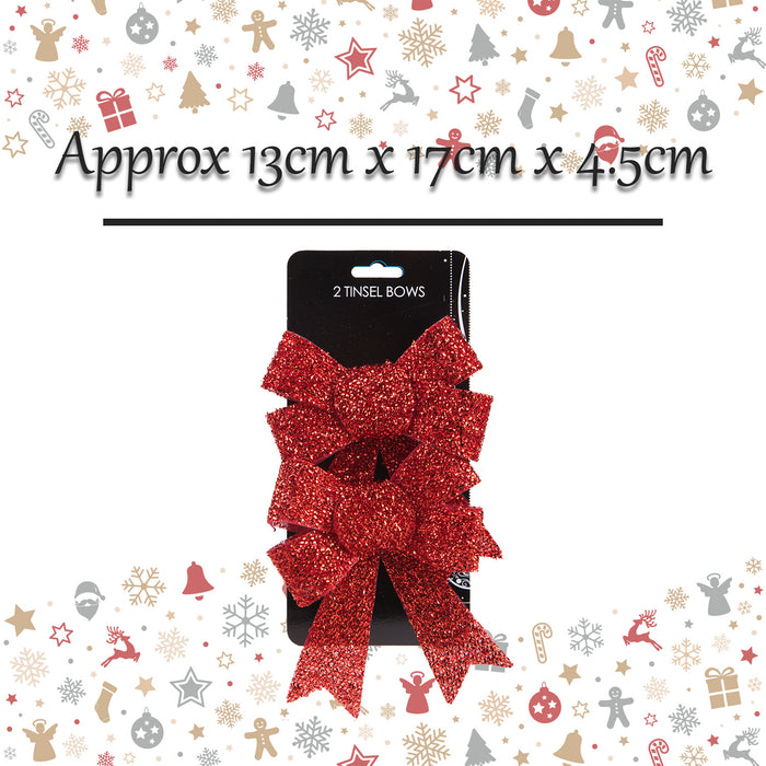 Tinsel Bows x 2 Christmas Decoration X 2 13cm x 17cm x 4.5cm Red