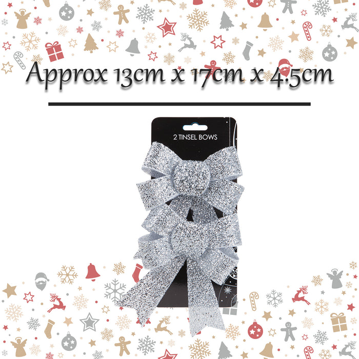 Tinsel Bows Christmas Decoration X 2 13cm x 17cm x 4.5cm Silver