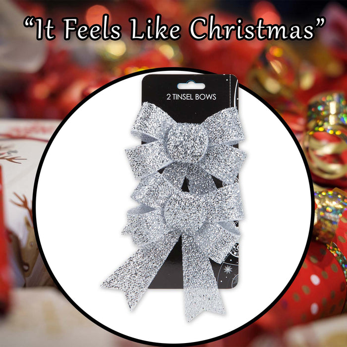 Tinsel Bows Christmas Decoration X 2 13cm x 17cm x 4. 5cm Silver