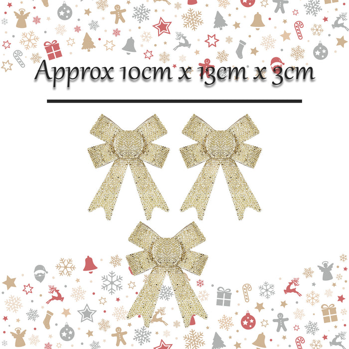 Tinsel Bows Christmas Decoration X 3 10cm x 13cm x 3cm Champagne